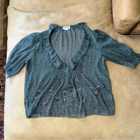 Zadig & Voltaire Sheer Heart Embroidered Beaded Blouse Womens Size Small - Picture 3 of 12